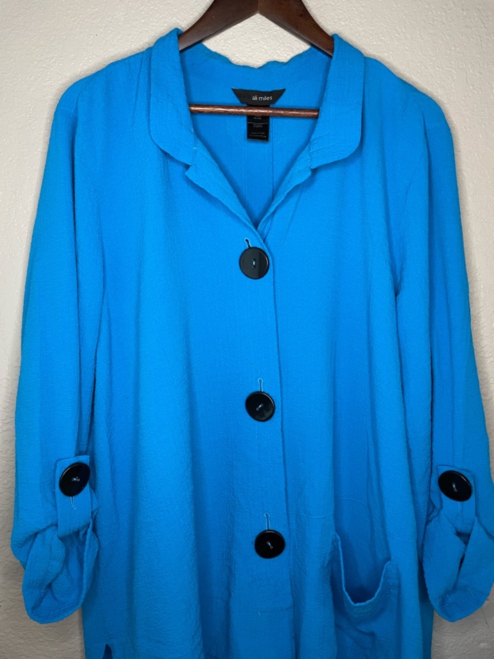 Ali Miles Womens XL Blue Crinkle Tunic Top Boho Artsy Lagenlook Buttons Pockets - Picture 2 of 8